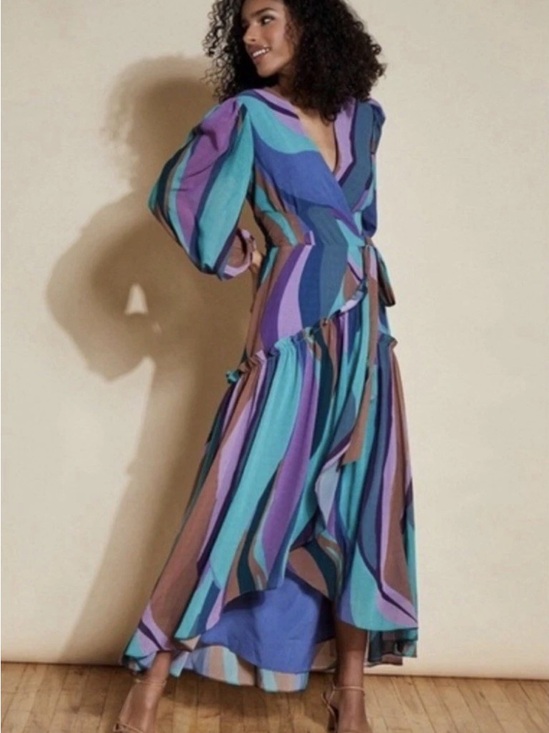 Hutch Dresses & Skirts - Hutch Multicolor Striped High-Low Wrap Dress in Teal, Purple & Brown Size M
